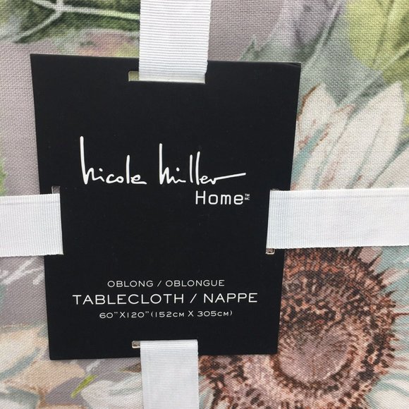 Nicole Miller Sunflower Script Fall Tablecloth Aqua White Gray 60x120 Fabric - Picture 5 of 11